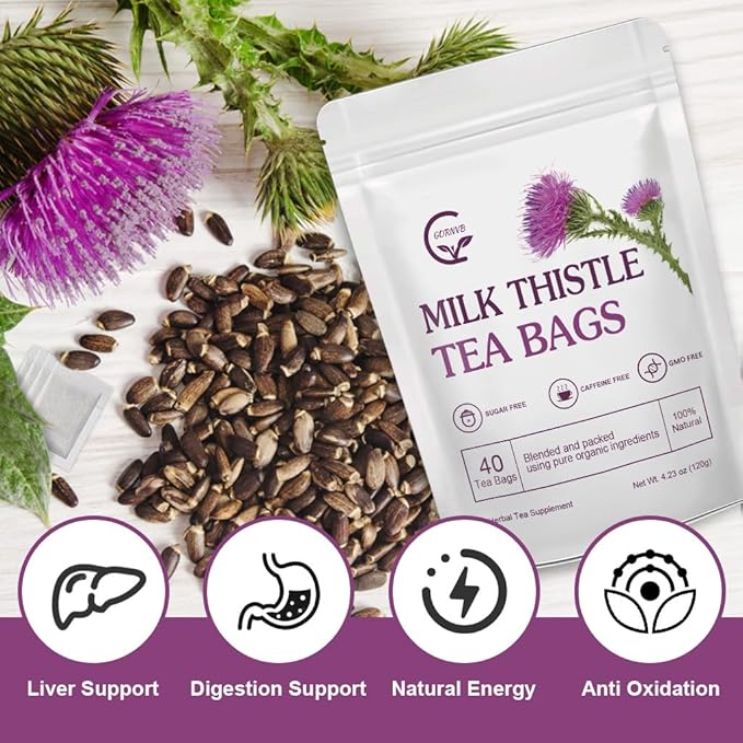 Organic Milk Thistle Tea Bags, 40 Teabags, 3g/Bag - Supports Liver Function, Liver Detox and Overall Health, Certified Free - Bloomnest