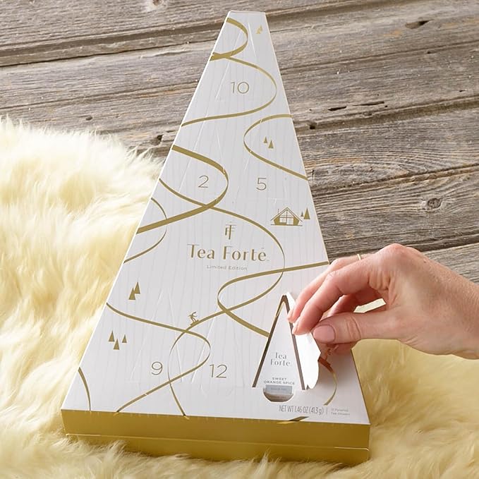 Tea Forte Tea Advent Calendar Gift Set; 12 Individually Wrapped Handcrafted Assorted Pyramid Infuser Tea Bags with Numbered Doors, Winter Chalet - Bloomnest