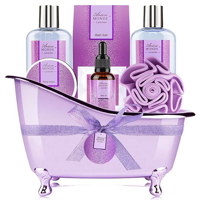Bath Sets for Women Gift, Bath and Body Gifts Set, Lavender Spa Gift for Self Care Includes Body Lotion, Shower Gel, Bath Salts, Relaxing Bath Sets for Mom, Grandma, Girlfriend, Sister, Friends - Bloomnest