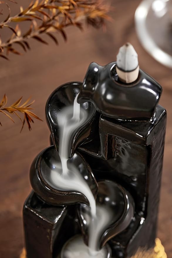Unique Cascading Basins Ceramic Waterfall Incense Holder, Paired with a Pack of Backflow Incense Cones. (Black) - Bloomnest