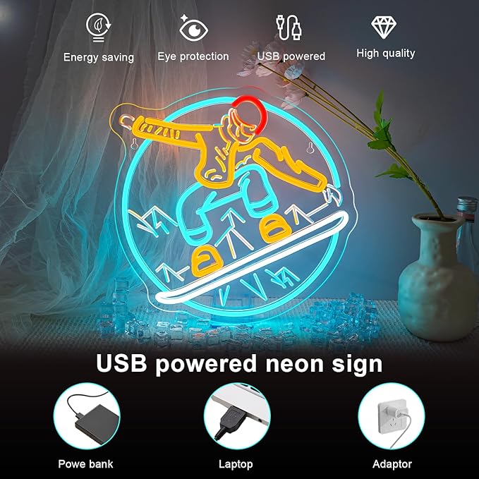 Lucunstar Snowboard Neon Sign LED Light Ski Decor Skiing Neon Light Up College Room Party Apres Ski Decor for Lodge LED Outdoor Sport Gifts for Teens Snowboard Lover - Bloomnest