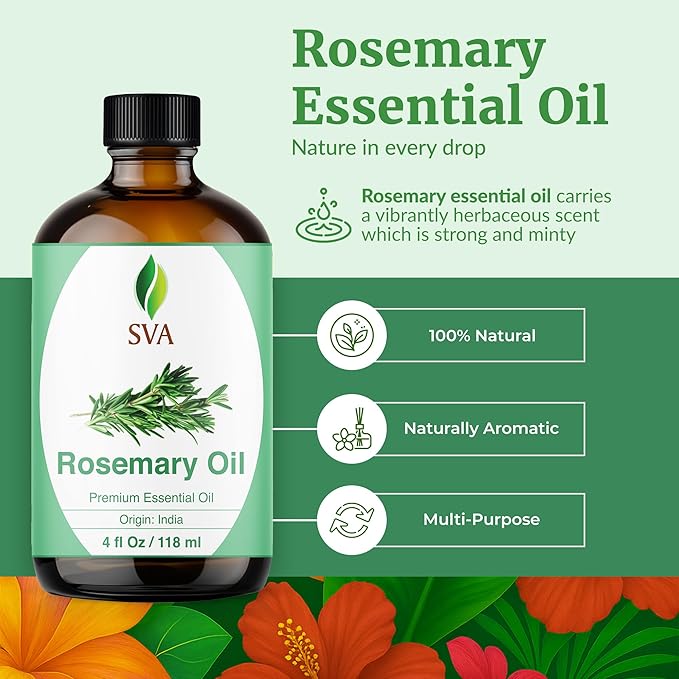 SVA Rosemary Essential Oil – 4 Fl Oz – 100% Natural Rosemary Oil for Hair, Face, Skin Care, Diffuser, Aromatherapy, Scalp, Body Massage, Soap and Candle Making – with Dropper - Bloomnest