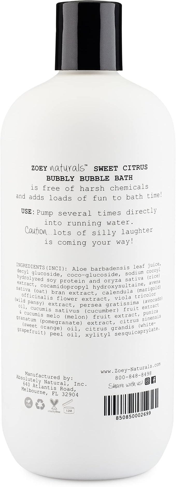 Zoey Naturals - Sweet Citrus Bubble Bath for Kids & Babies - Organic Tear-Free, Non-Toxic Toddler Soap with Moisturizing Aloe & Avocado Oil - Long Lasting Bubbles - Made in USA, 17 oz - Bloomnest