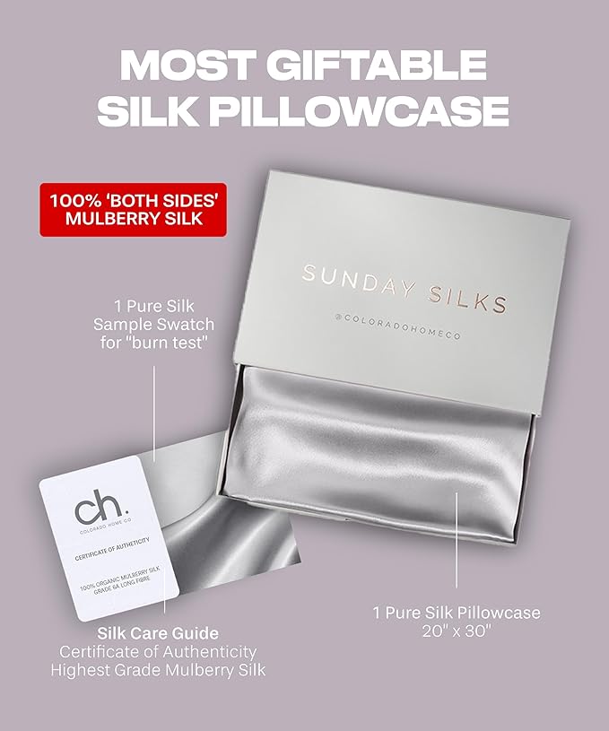 SUNDAYSILKS™ Premium Silk Pillow Cases | 100% Mulberry Silk Pillowcase with Zipper, All Sides Real 22 Momme Grade 6A Silk, Standard Queen, King Size [Silver Quartz] - Bloomnest