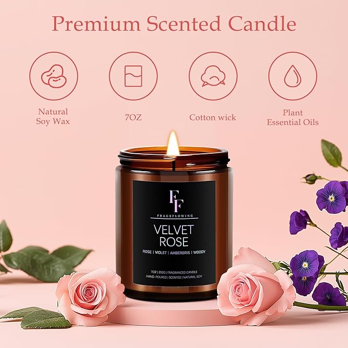 Velvet Rose Candle, Scented Candle for Home Soy Wax Candle, Aromatherapy Candle Gift for Women Men, 7oz - Bloomnest