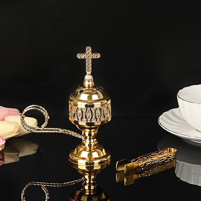 JUXYES Vintage Incense Burner Holder with Ash Catchers and Cross Lid, Metal Censer Antique Charcoal Incense Resin Burner with Tongs, Zinc Alloy Spiritual Aromatherapy Yoga Meditation Retro Home Decor - Bloomnest