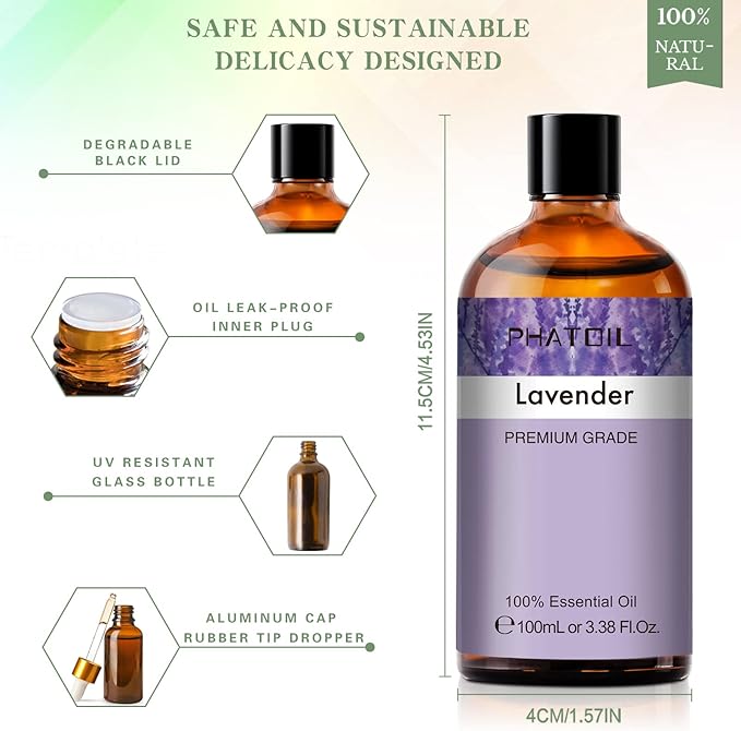 Lavender 3.38fl.oz Essential Oil, PHATOIL Aromatherapy Essential Oils for Diffuser, Humidifier, Perfect for DIY Soap, Candle, Bath Bombs Making(100ml) PHATOIL