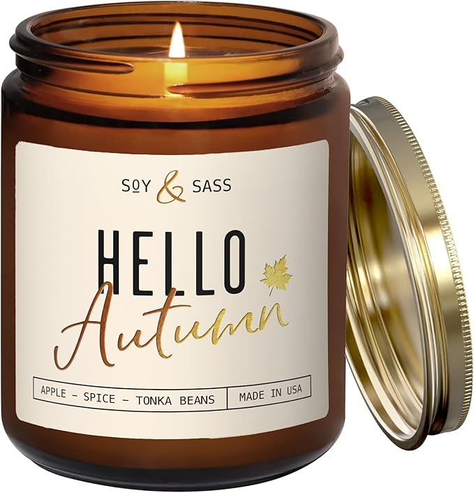 Fall Candles - ‘Hello Autumn’ Soy Fall Candle w/Apple, Cinnamon & Nutmeg I Infused with Essential Oils I Autumn Scented Candles I Cozy Décor Gifts I 9oz Jar I 50Hr Burn I Made in USA - Bloomnest