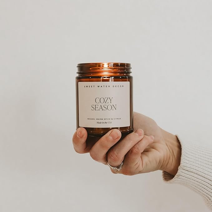Sweet Water Decor Cozy Season Soy Candles - Fall Candles with Woods, Warm Spice, and Citrus Scent for Home Decor - Soy Candle with 40 Hours Burn Time - 9Oz Black Lid Amber Jar Candles Fall Scents - Bloomnest