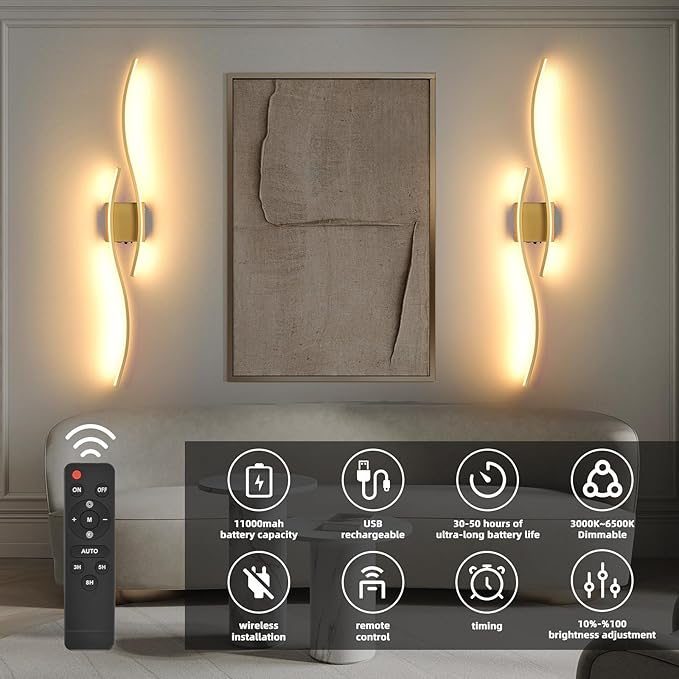 Battery Powered Wall Sconces Set of 2, Gold 39" LED Dimmable Wall Sconce with Remote Control/Timer/Memory, USB Rechargeable Wall Lights for Living Room, Bedroom, Hallway Wireless scones Lighting - Bloomnest