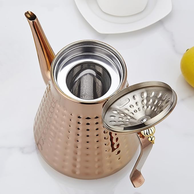 SANQIAHOME 1.6L(54oz) Stainless Steel Hammer Patterned Teapot With Removeable Infuser,Loose leaf cover,Copper - Bloomnest