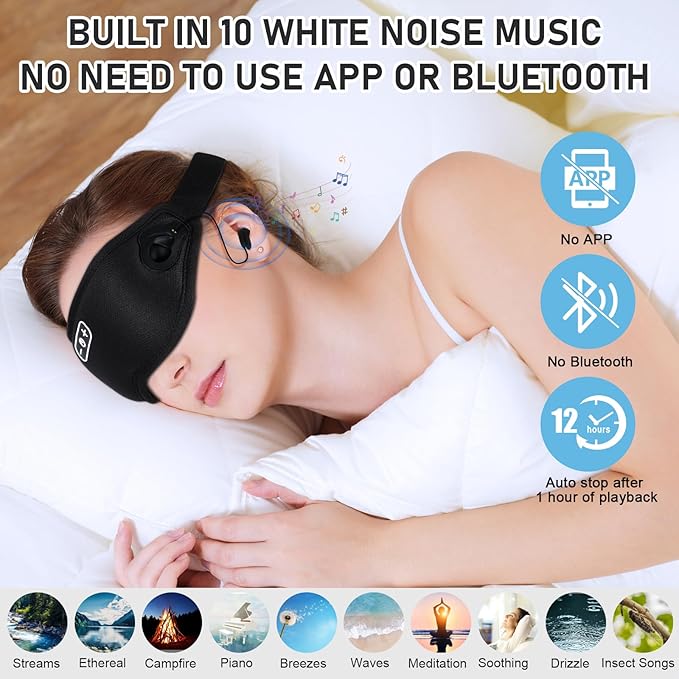 White Noise Sleep Mask, Breathable 3D Soft Eye Mask with Earplugs for Side Sleepers, Blackout 3D Contoured Eye Cover with Adjustable Strap for Women Men, no Bluetooth, no APP(Black) - Bloomnest