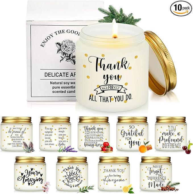 Roowest 10 Jars Thank You Gift Candles 3.5 oz Employee Appreciation Gifts Bulk Soy Wax Jar Inspirational Candle Thank You Gifts for Coworkers Employee Women Secretaries Teacher(Elegant) - Bloomnest