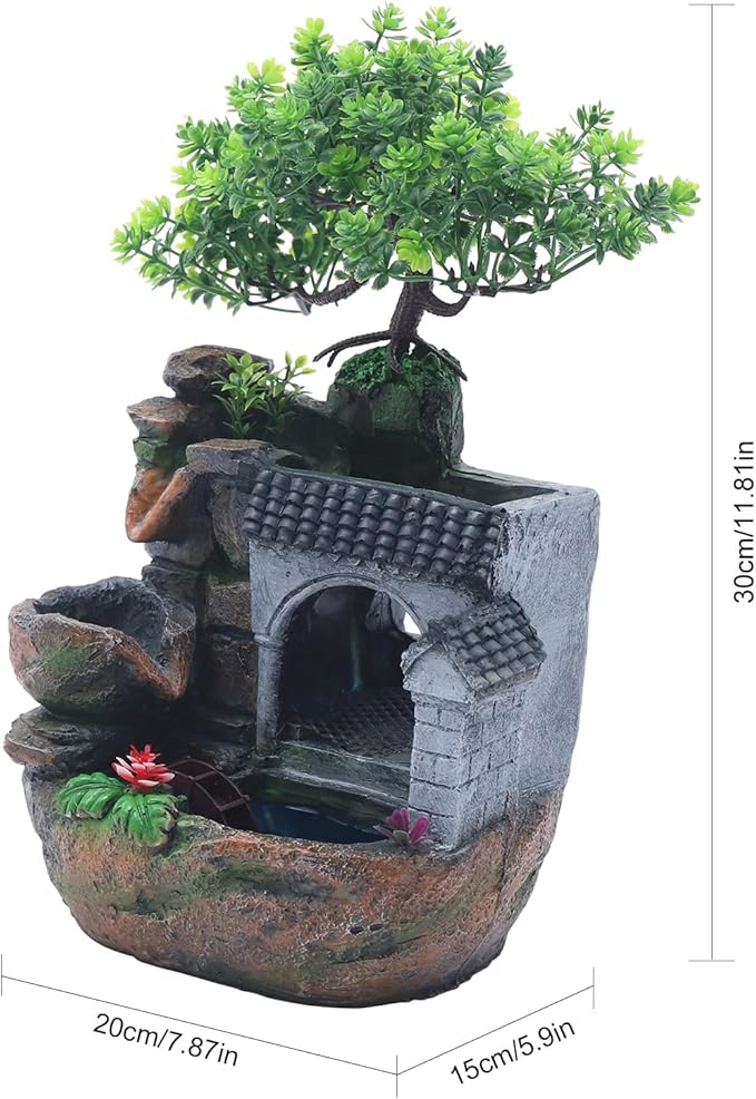 Tabletop Fountains,Indoor Relaxation Desktop Fountain Waterfall,Atomizing Humidifier Automatic Pump,Desktop Fountain Waterfall with Rockery,Plant,Illuminated Waterfall for Home Office Décoration