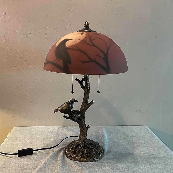 Bieye L10969 Ravens Sitting on Bare Tree Branch Against Full Moon Hand-Painted Glass Table Lamp with Raven Nest Lamp Base for Halloween Home Decor (Black Red, 14" D x 14" W x 22" H)