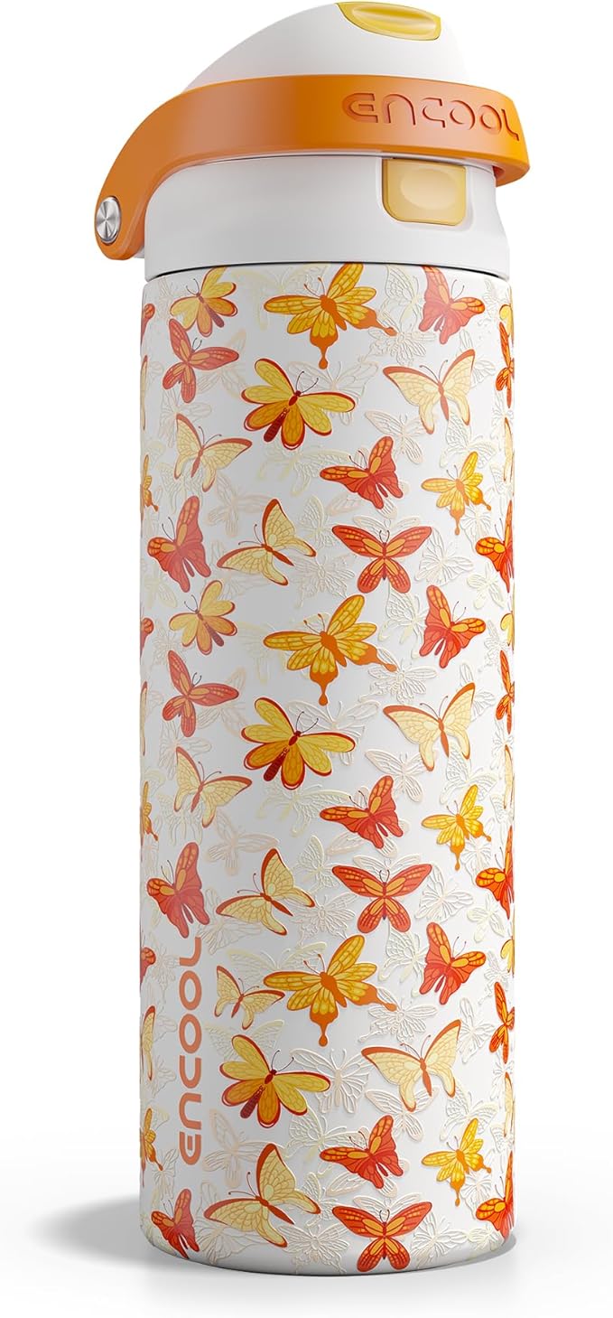 ENCOOL Leakproof Insulated Water Bottle with Straw Dual-Sip Water Bottle Bag-Safe Design for Work, Commute & Gym – Keeps Drinks Cold All Day, 24 oz, Sunset Butterflies ENCOOL