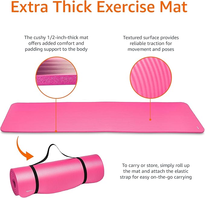 Amazon Basics 1/2 Inch Extra Thick Exercise Yoga Mat with Carrying Strap, Cushioned Support, for Fitness and Gym Workouts