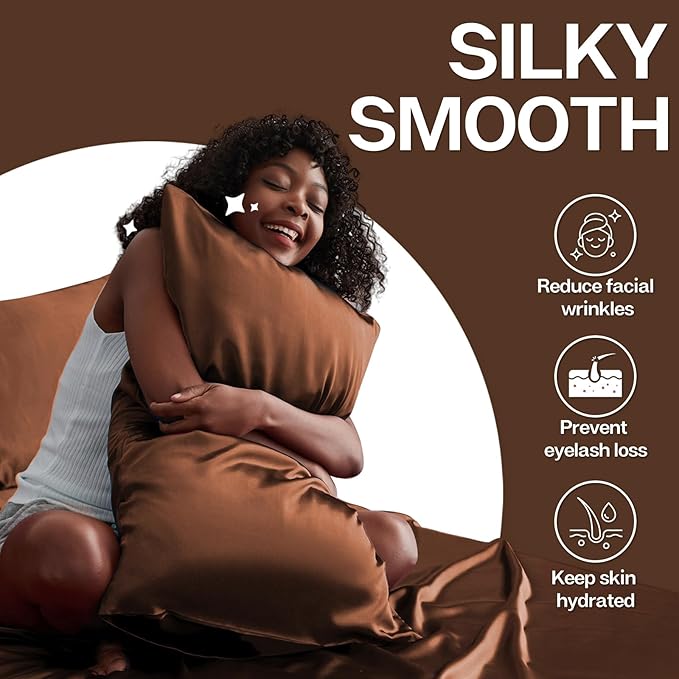 MR&HM Satin Pillowcase for Hair and Skin, Silk Satin Pillowcase 2 Pack, King Size Pillow Cases Set of 2, Silky Pillow Cover with Envelope Closure (20x36, Brown) - Bloomnest