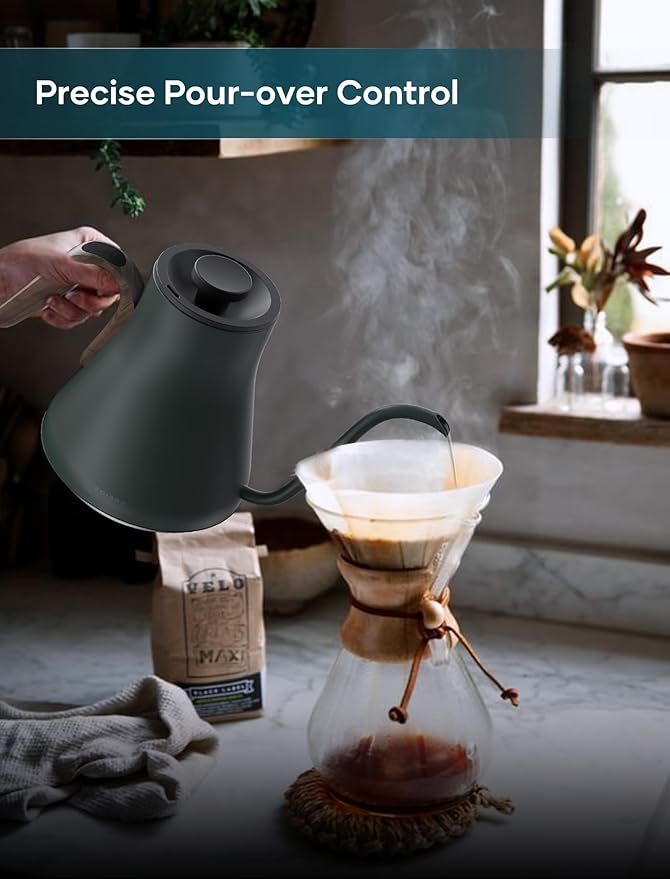 Gooseneck Electric Kettle with ±1℉ Temperature Control for Pour Over Coffee & Tea, Quick Heating, BPA-Free Stainless Steel, Built-in Brew Timer, 1500W/0.9L (Forest Green) - Bloomnest