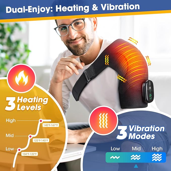 Cordless Shoulder Heating Pad, Shoulder Massager for Pain Relief Deep Tissue,Heated Shoulder Wrap & Brace with 3 Heat & Vibration Modes, Men & Women (Black) - Bloomnest