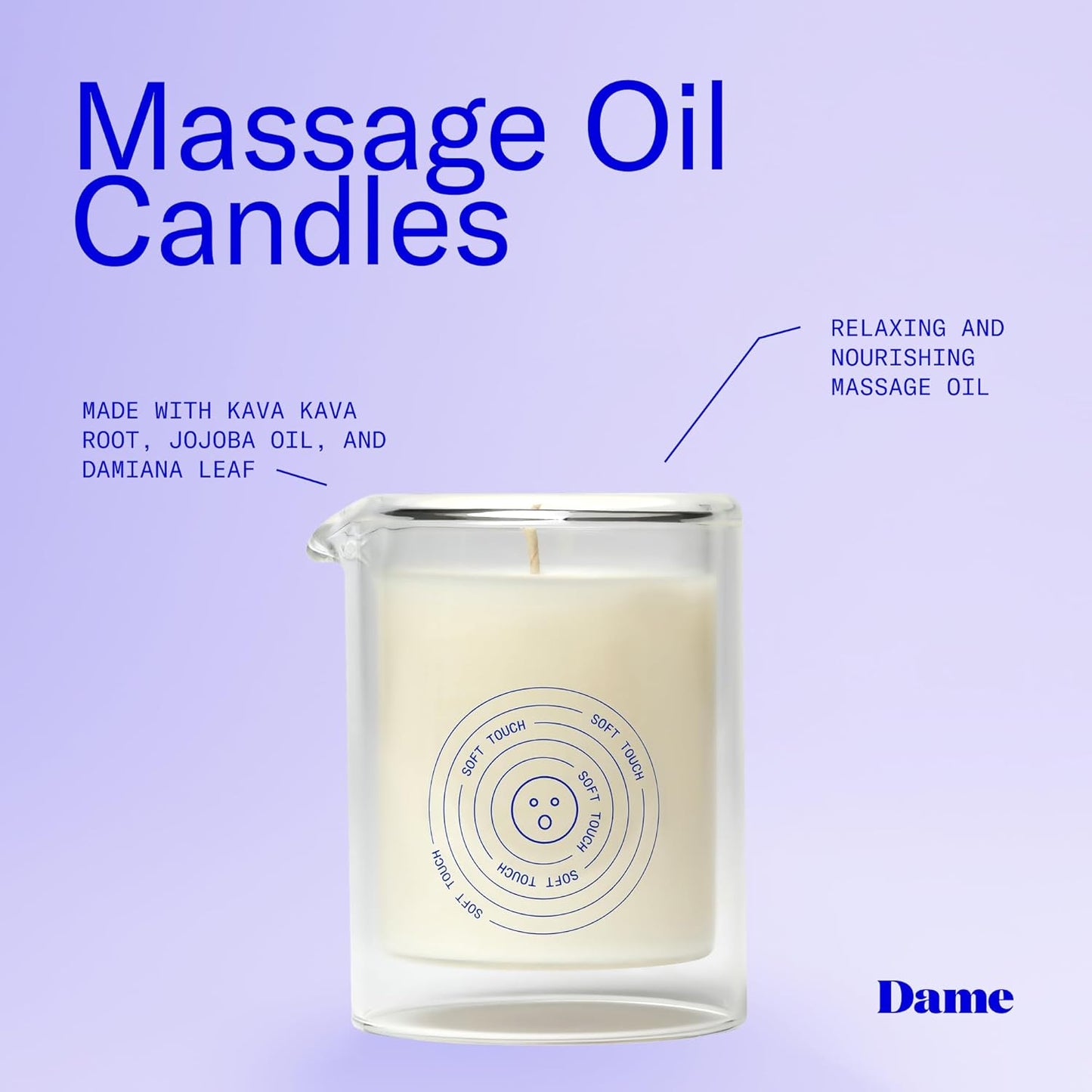 Dame Products Massage Oil Candle - Plant-Based with Kava Kava - Moisturizing and Relaxing - Soft Touch Scent