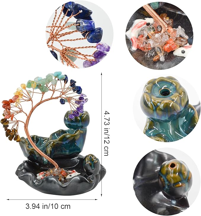 MrMrKura Backflow Incense Burner, Ceramic Incense Waterfall Burner with 7 Chakras Healing Crystals Tree Fountain Incense Holders for Yoga Meditation Home Decor - Bloomnest