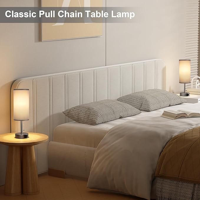 Grey Bedside Lamp for Bedroom Nightstand - Small Table Lamp with USB A + C Charging Port, 3 Color Temperatures Pull Chain Night Stand Light, Side Table Desk Reading Lamp for Living Room/Study Room - Bloomnest