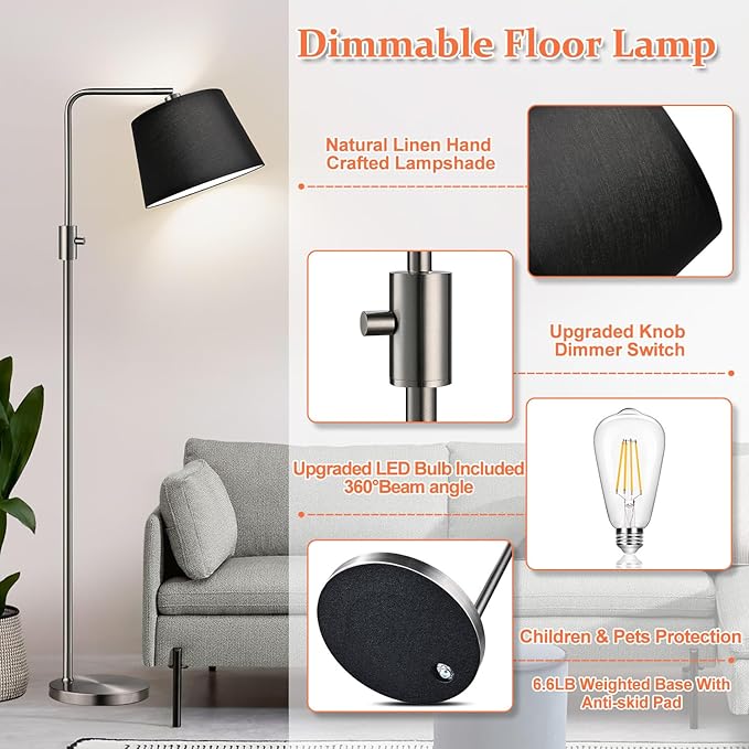Nintiue 【Upgraded】 Dimmable Floor Lamp, 1000 Lumens LED Edison Bulb Included, Brushed Nickel Arc Floor Lamps Modern Standing Lamp with Black Shade, Tall Lamps for Living Room Bedroom - Bloomnest