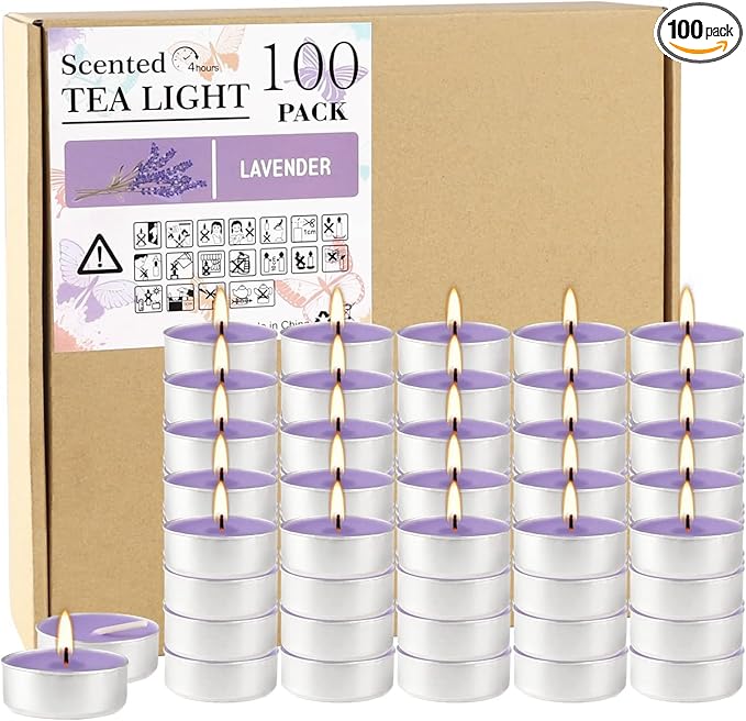 Purple Lavender Scented Tealight Candles - 4 Hours - Giant 100 Bulk Packs - Smokeless Tea Lights for Valentine's Day, Weddings,Christmas, Home Decorative - Bloomnest