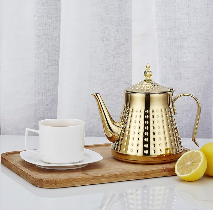 SANQIAHOME 1.2L(40oz) Stainless Steel Hammer Patterned Teapot With Removeable Infuser,Loose leaf cover,Gold - Bloomnest