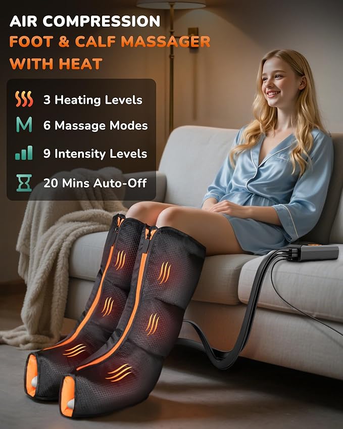 Leg Massager with Heat and Compression : Foot and Calf Massager for Circulation and Pain Relief, Sequential Compression Boots with 6 Modes, 9 Intensity, 3 Heat for Mom, Dad, Him, Her - Bloomnest