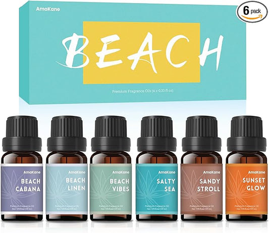 AmaKane Fragrance Oils, Beach Fragrance Oil for Candle Making, Soap Making Scents, Summer Essential Oils for Diffusers for Home 6x10 ml, Beach Linen, Salty Sea, Sunset Glow and More - Bloomnest