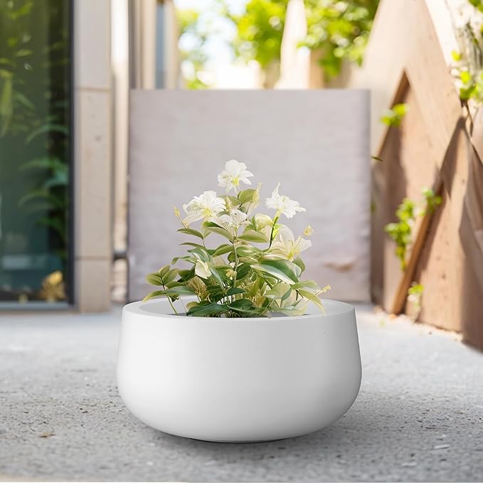Kante 11.8" Dia Round Concrete Planter, Cement Plant Pots with Drainage Hole and Rubber Plug for Outdoor Indoor Garden Home, Modern Curvaceous Design, Pure White - Bloomnest