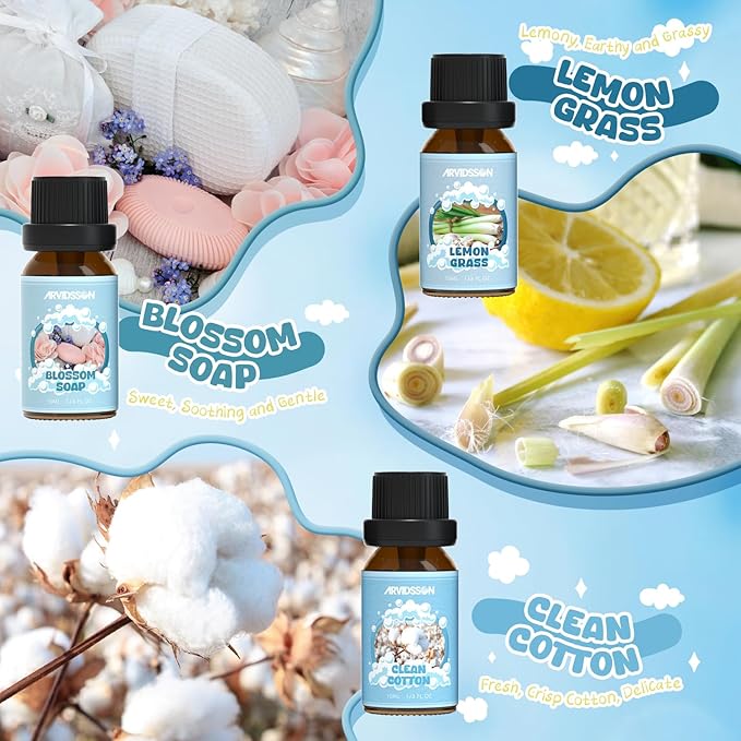 ARVIDSSON Clean Essential Oils Set, Natural Fragrance Oil for Diffuser, Soap Making - Fresh Linen, Clean Home, Fresh Cotton, Soft Powder, Blossom Soap, Lemongrass, Refreshing Scented Oils for Home - Bloomnest