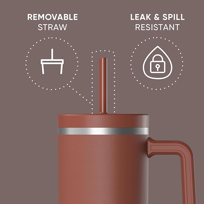 Hydrapeak Voyager 40 Oz Stainless Steel Tumbler with Handle, Insulated Water Bottle With Straw & Lid, Cupholder Friendly Reusable Travel Mug (Gingerbread) - Bloomnest