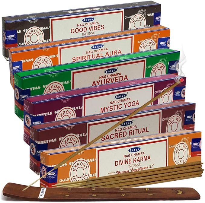 Satya Incense Sticks Variety Pack #5 and Incense Stick Holder Bundle with 6 Yoga and Meditation Themed Fragrances TRUMIRI