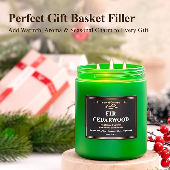 Auelife Winter Candles, Fir & Cedarwood Scented Candle – 22oz Large 3-Wick Soy Candles, Long Lasting Aromatherapy, Woodsy Christmas Candle, Holiday Gift for Women & Men - Bloomnest