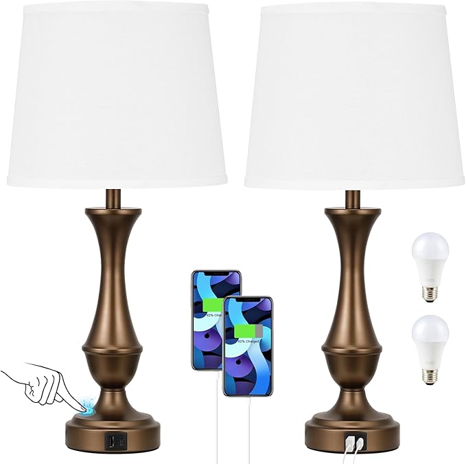 Seealle Upgraded Touch Lamps for Night Stands Set of 2 - Bedside Lamps with USB C+A, 3 Way Dimmable for Bedroom Living Room End Tables Office (White&Brown) - Bloomnest