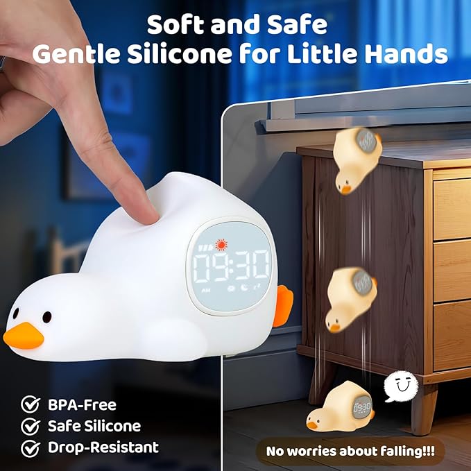 Laying Duck Alarm Clock with Night Light for Kids with Sleep Training and Sound Machine, Rechargeable Silicone Lamp OK to Wake Clock，Cute Animal Tabletop Lamp, Perfect Sleep Companion for Boys Girls - Bloomnest