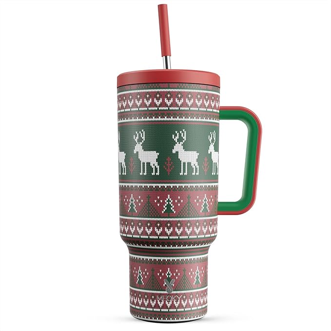 Meoky 40 oz Christmas Tumbler with Handle and Straw, Xmas Tumbler with Lid and Straw, Insulated Stainless Steel Travel Mug, Christmas Gifts for Women Men Adults (Jolly Reindeer) - Bloomnest