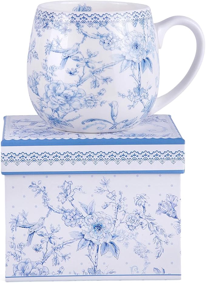 Bone China Blue Flowers Big Belly Mug 14.54 oz (430 ml) in Gift Box, Coffee Tea Mug - Bloomnest