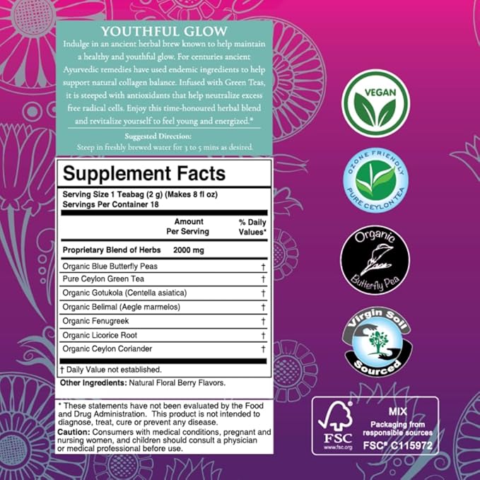 Térapy Ceylon Youthful Glow Herbal Tea Bags | Helps Maintain Healthy Skin and Hair | 100% Natural Blue Butterfly Peas, Licorice Root, Green Tea & More | Individually Wrapped Organic Tea Bags |18 Count - Bloomnest