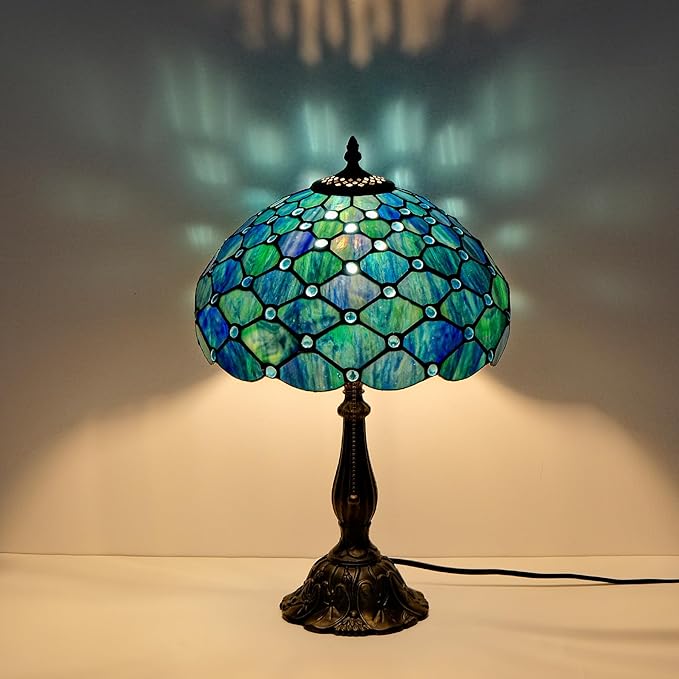 Tiffany Style Table Lamp Vintage Stained Glass Desk Lamp Sea Blue Pearls Bedside Reading Light Decor Bedroom Living Room Entry Home Office D12 xH18 - Bloomnest