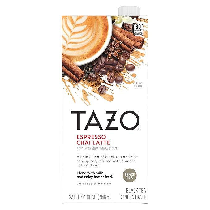 TAZO Espresso Chai Latte, Black Tea Concentrate, Easy to Serve Espresso Chai Tea for Everyday Cafe Style Lattes, Hot or Iced Coffee-like experience, Barista Approved, 32oz Tea Mix Carton - Bloomnest