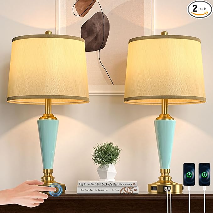 24" Ceramic Table Lamp with 3 Way Dimmable Touch Lamps - 2 USB Ports & AC Outlet Bedside Lamps, Modern Nightstand Lamp for Bedroom Living Room Office (Bulb Included) (Sky Blue-2 Pack) - Bloomnest