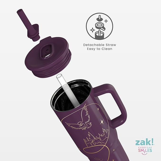 Zak Designs Harry Potter Sutton Travel Tumbler for On the Go, 30oz Stainless Steel with Vacuum Insulation, Silicone Straw, and Carry Handle for Cold Drinks (Hogwarts) - Bloomnest