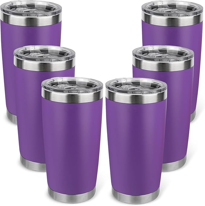 20oz Stainless Steel Tumbler Bulk with Lid, Travel Mug - Double Wall Vacuum Powder Coated Cup - Purple, 6 Pack - Bloomnest