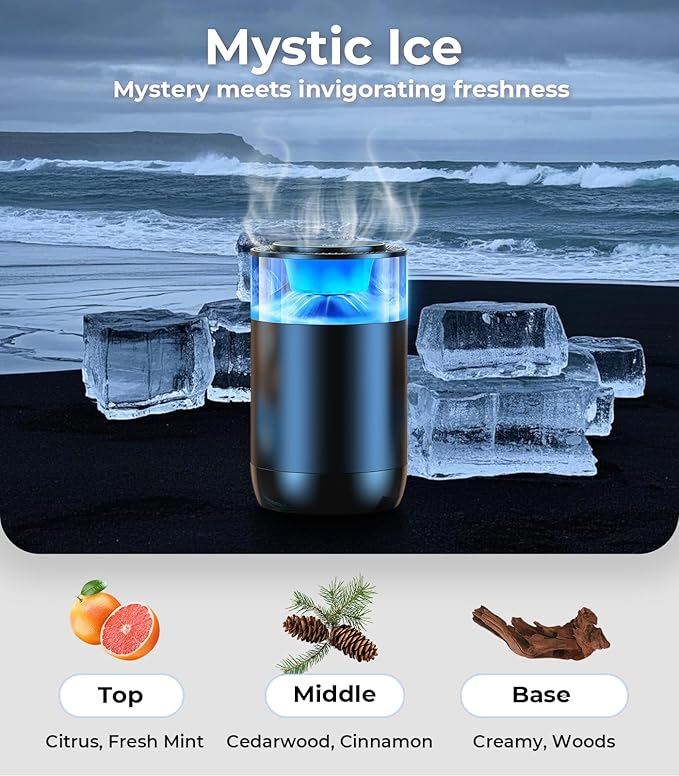 Smart Car Air Fresheners, Ambient Light & Mist Fragrance, Auto On/Off Car Air Freshener Diffuser, Adjustable Intensity, Lasts 6 Months, Built-in Battery, Premium Scents Refill X2 - Mystic Ice - Bloomnest