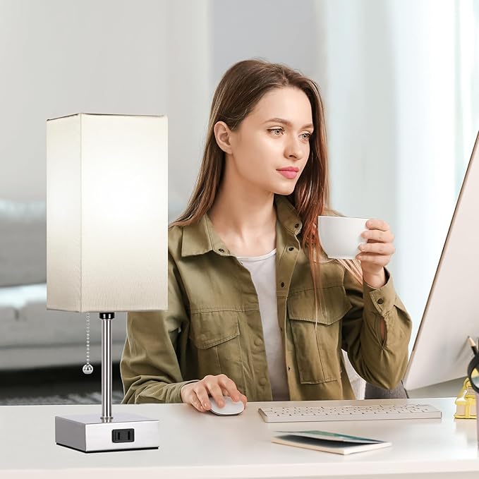 Dott Arts Touch Control Bedside Lamp, 3 Way Dimmable Nightstand Lamp with 2 USB Ports & AC Outlet, Modern Style, White Fabric Shade - Bloomnest