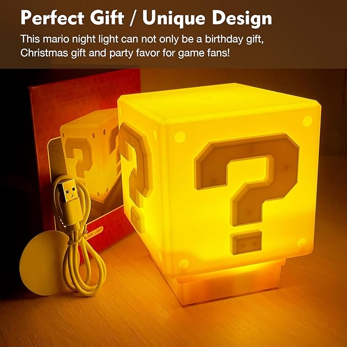 TLAOTNIY Super Bros Mini Question Block Night Lights - USB Powered Bedside Lamp with Game Sound Effects - Gift for Friends & Fans (2Pack) - Bloomnest